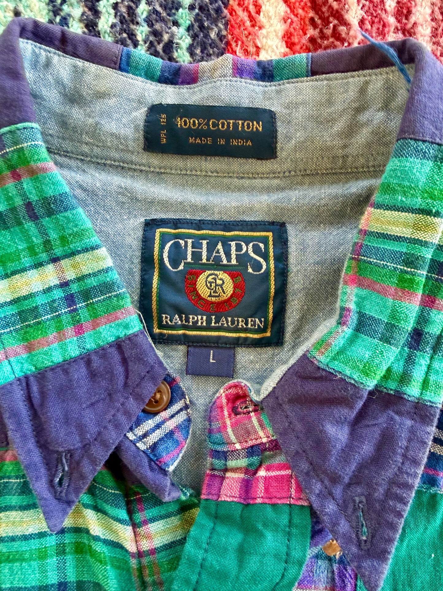 90s Chaps Ralph Lauren Patchwork Madras Short Sleeve Shirt L