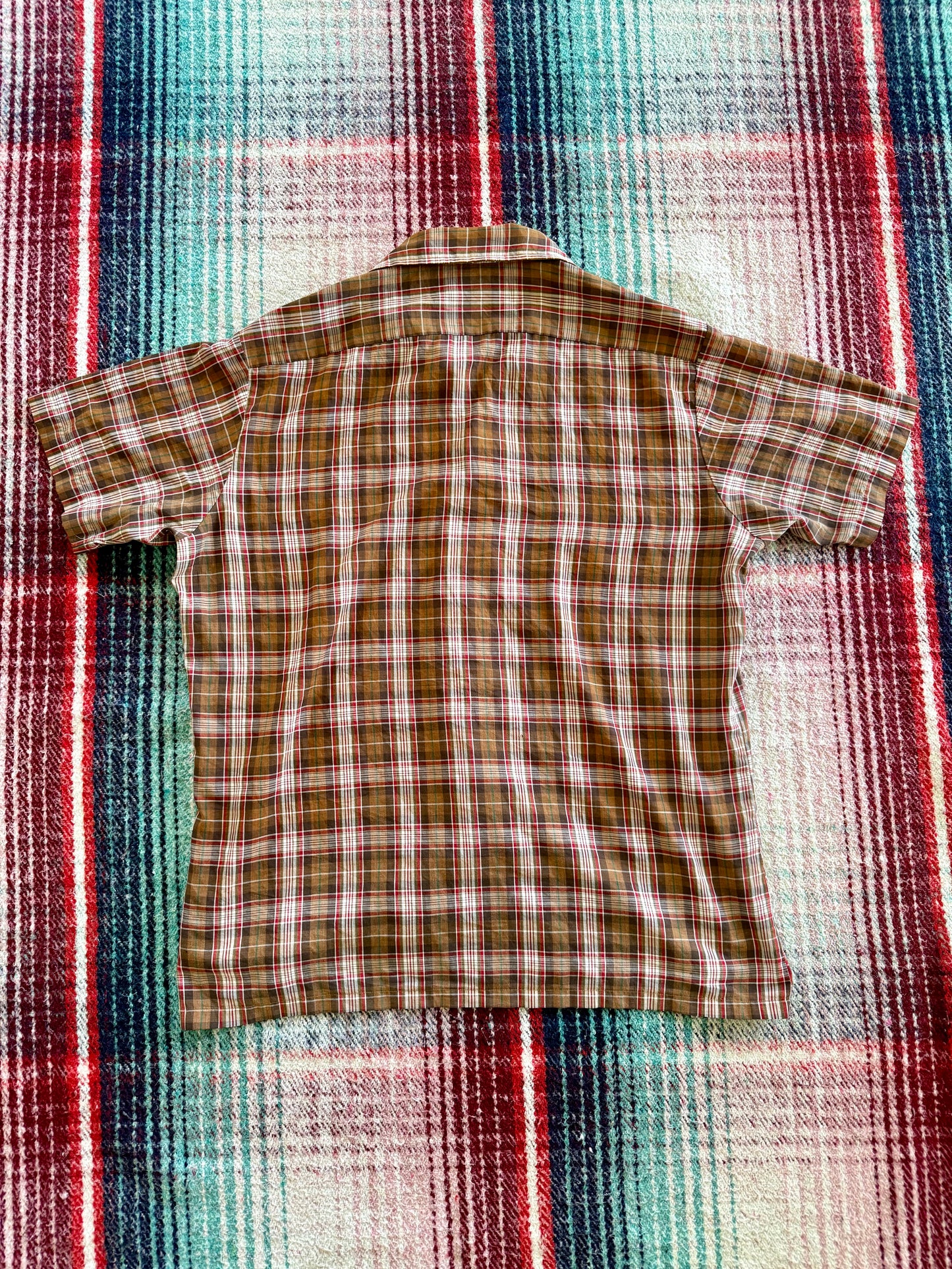 70s Sears Brown/Red Plaid Short Sleeve Shirt L
