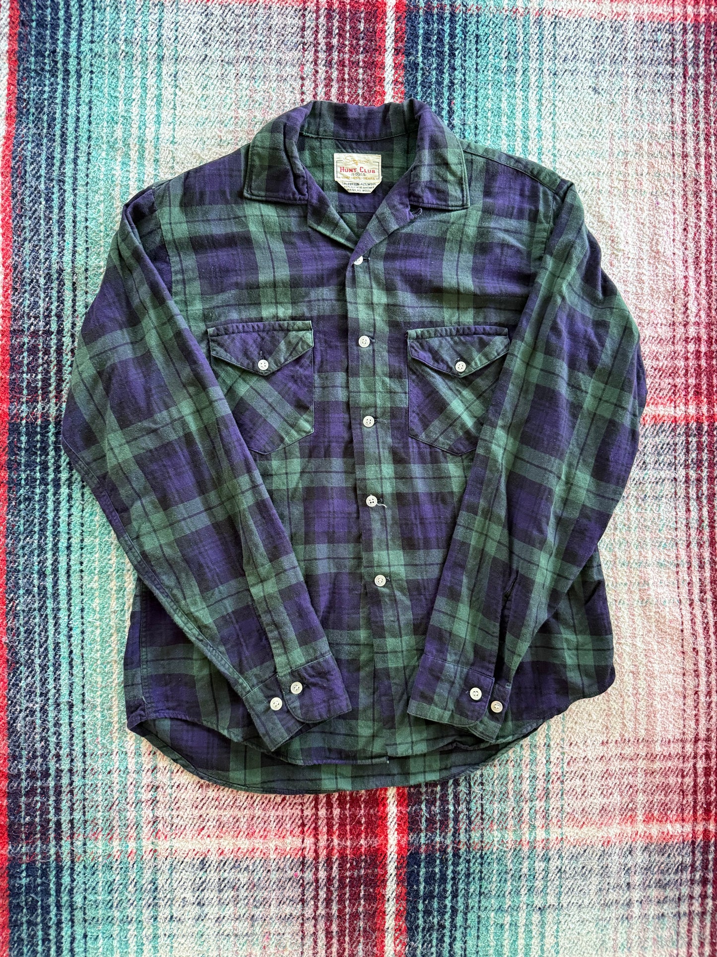 50s Sears Hunt Club Indigo/Green Loop Collar Wool Workshirt M