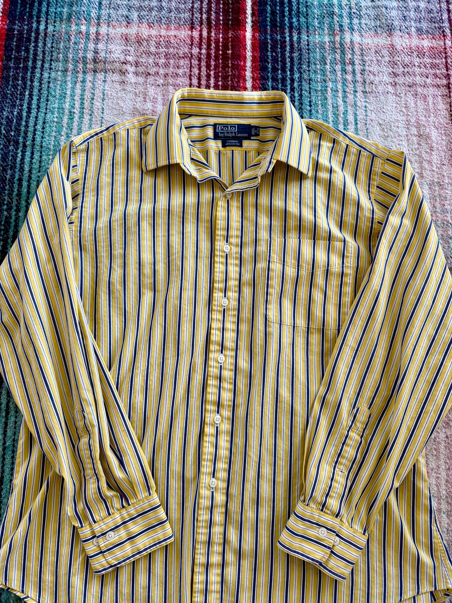 90s Polo Ralph Lauren Yellow/Blue Striped Curham Shirt XL