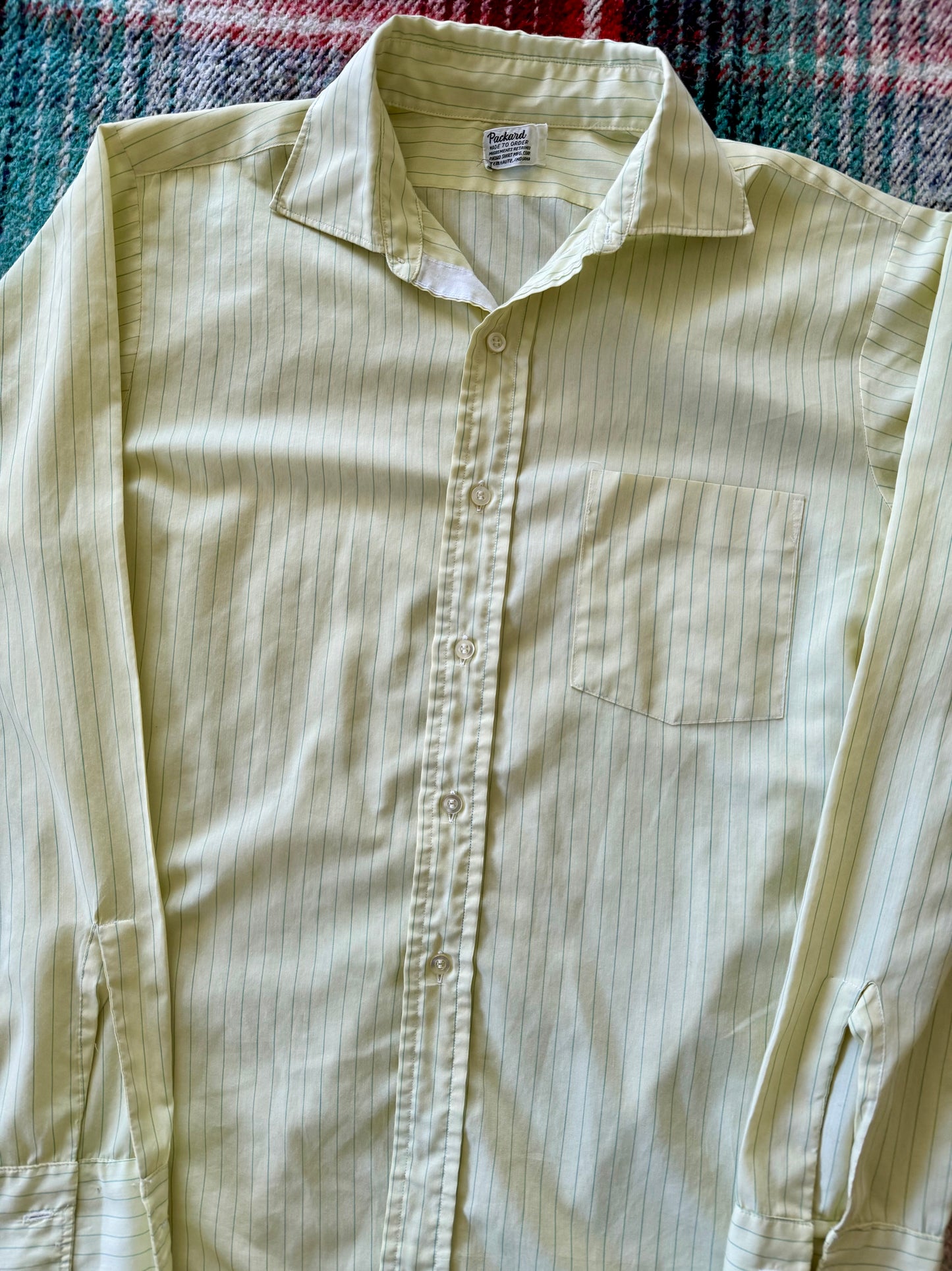 50s Yellow/Green Stripe French Cuff Dress Shirt L