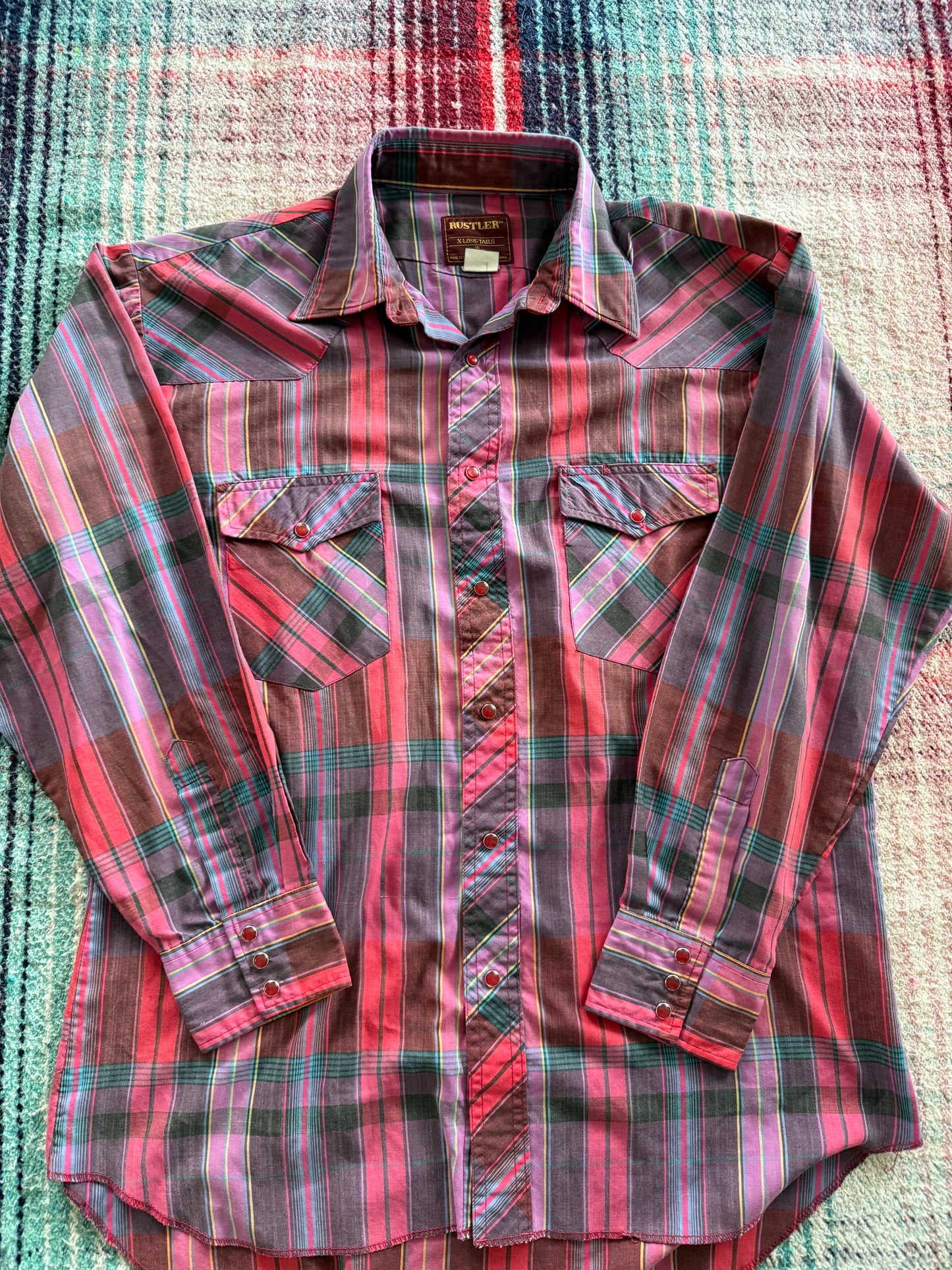 60s Rustler Magenta Plaid Pearl Snap Western Shirt Medium