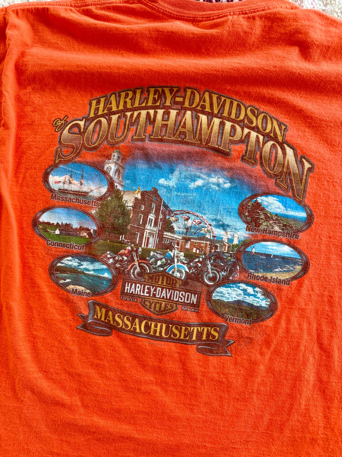 00s Harley Davidson Southhampton Orange Pocket Tee L