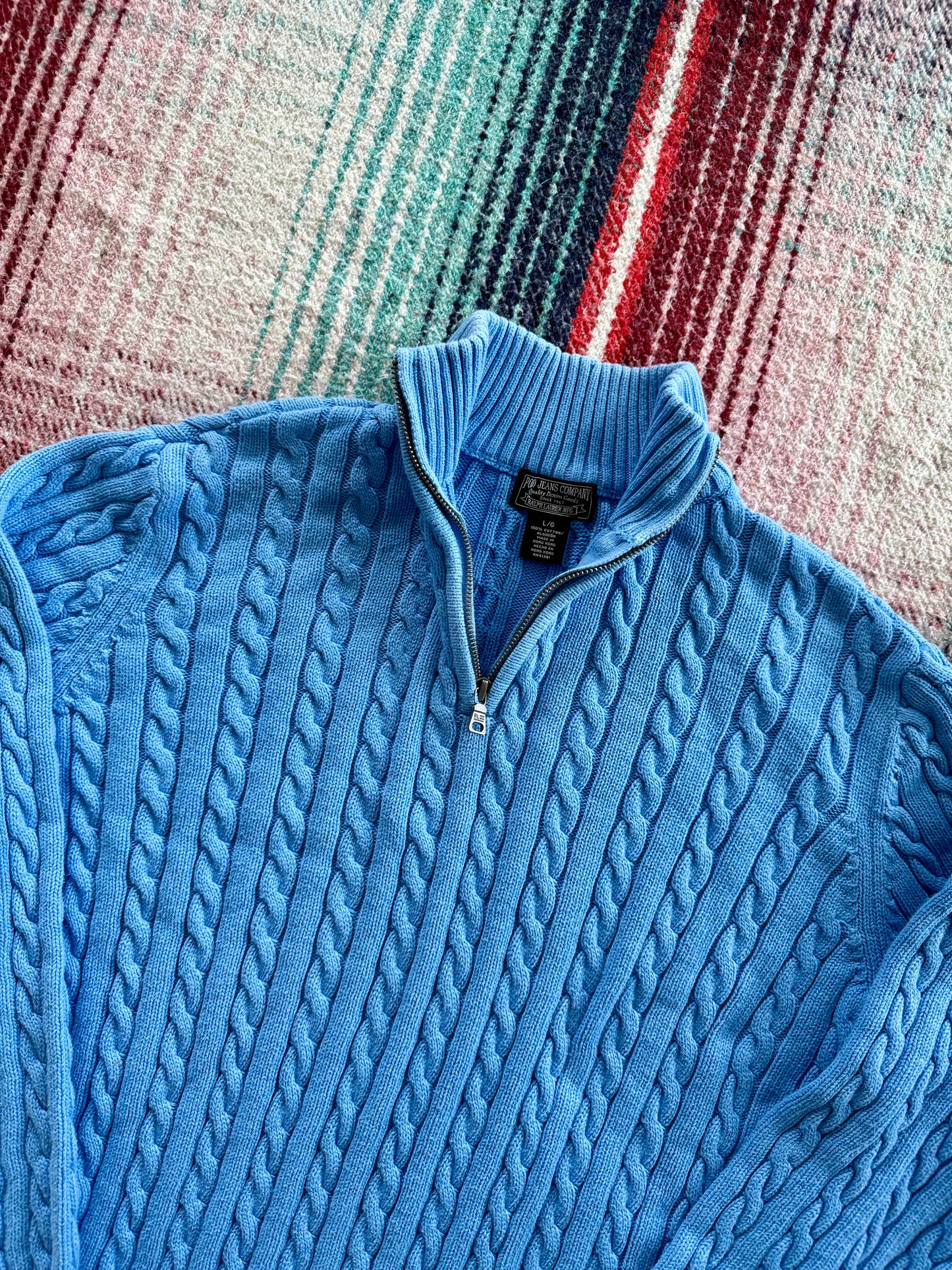 90s Polo Jeans Company Light Blue Cable Knit Quarter Zip Sweater L