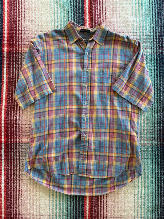 80s Burberry Cotton/Linen Blue/Yellow/Pink Plaid Shirt L