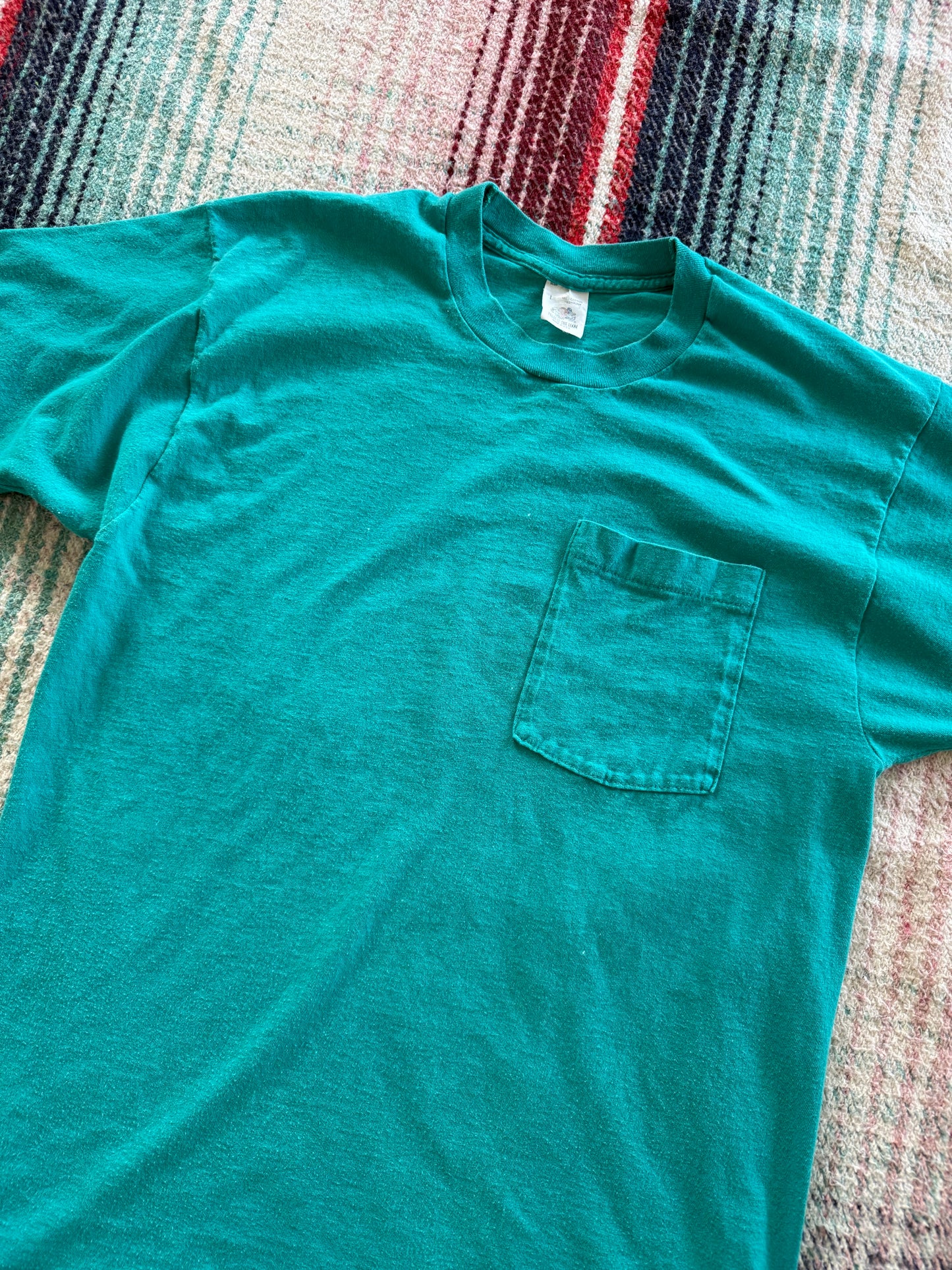 90s Fruit of the Loom Teal Selvedge Pocket Tee L