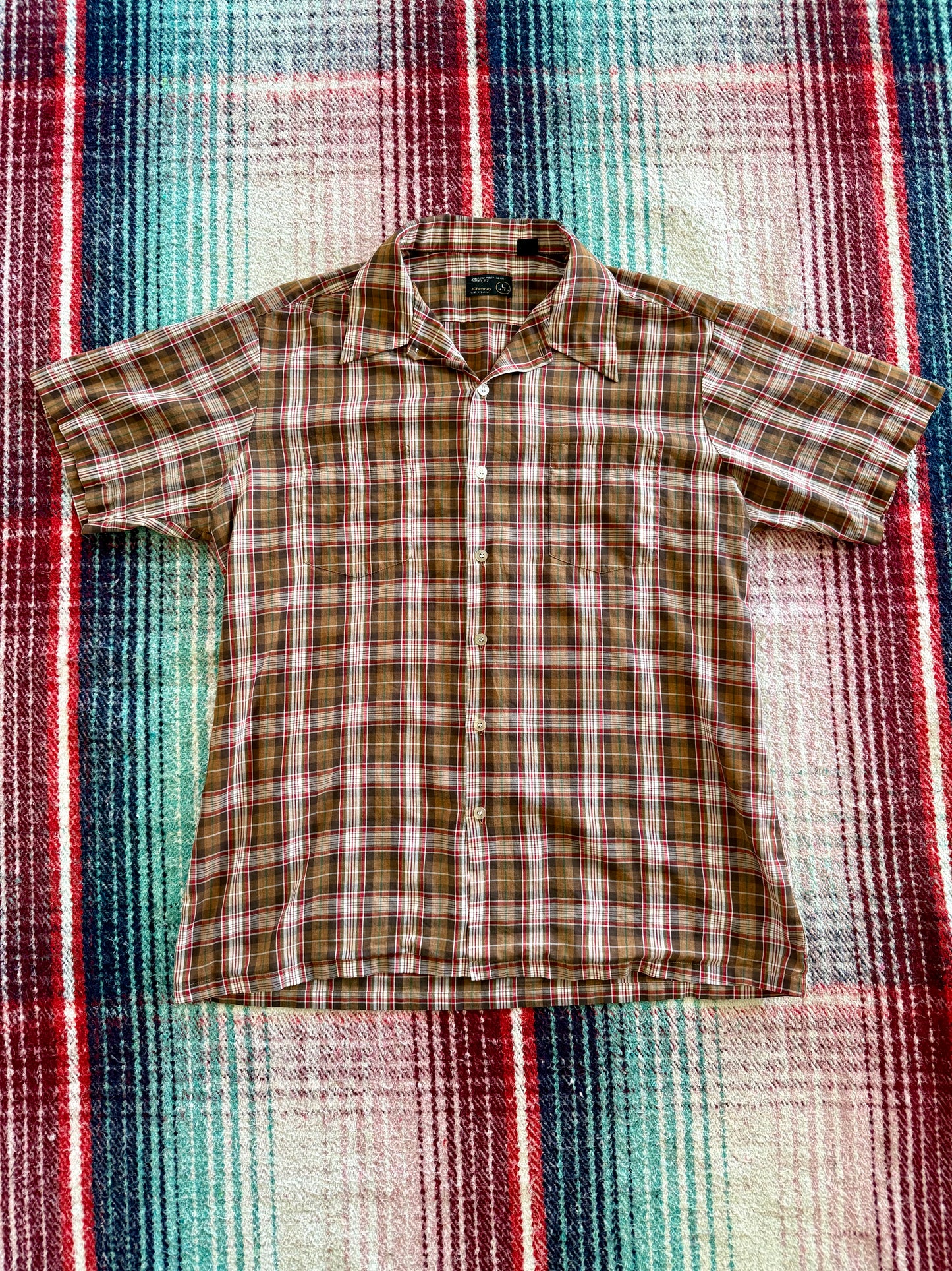 70s Sears Brown/Red Plaid Short Sleeve Shirt L