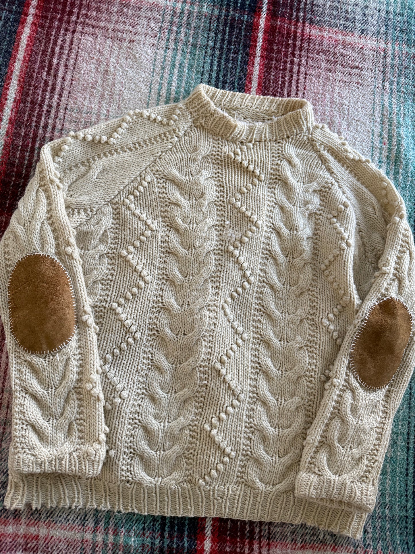 70s Hand Knit Cable Suede Elbow Patch Fisherman Sweater