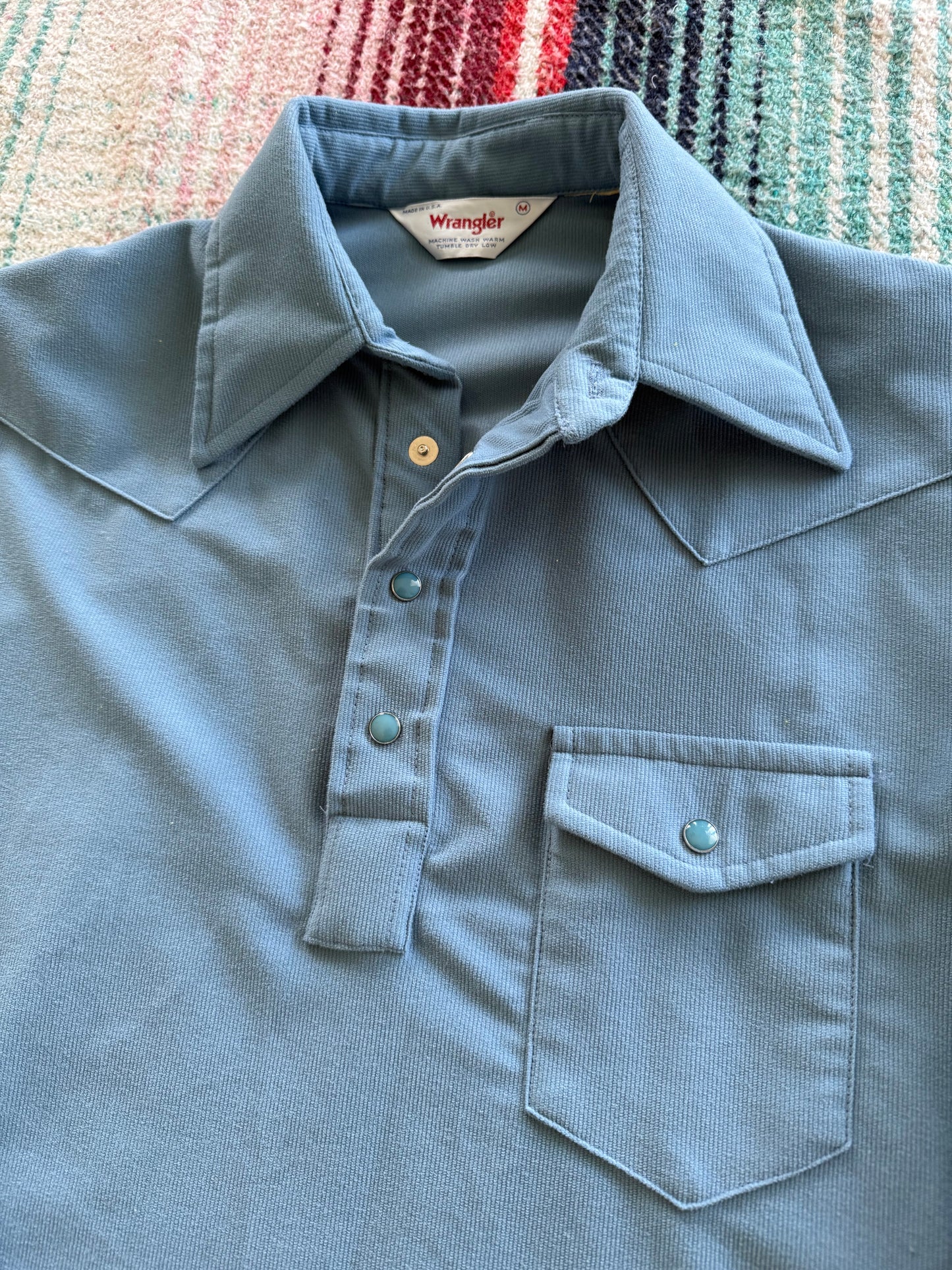70s Wrangler Blue Pearl Snap Popover Shirt M