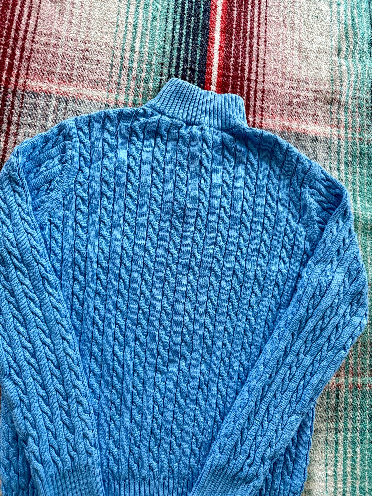 90s Polo Jeans Company Light Blue Cable Knit Quarter Zip Sweater L