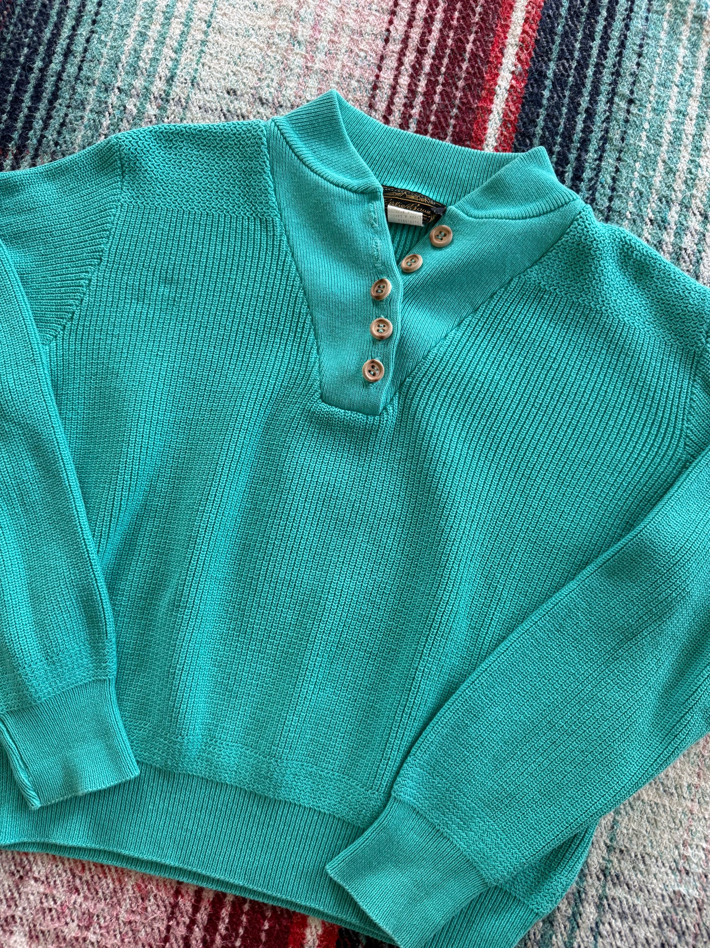 80s Eddie Bauer Teal Henley Sweater L
