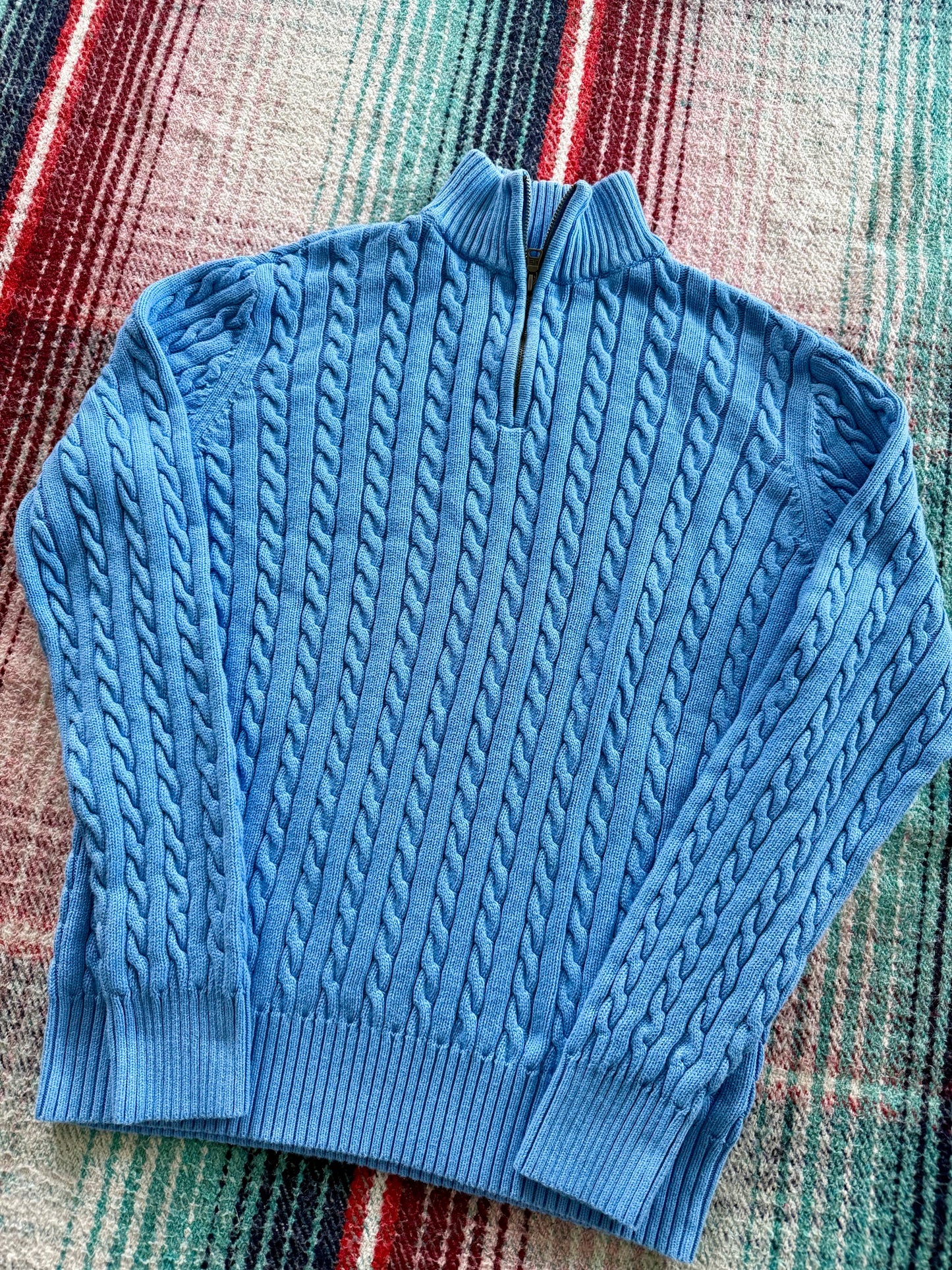 90s Polo Jeans Company Light Blue Cable Knit Quarter Zip Sweater L