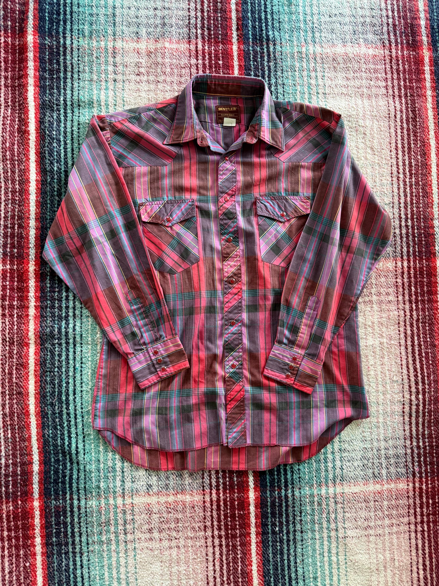 60s Rustler Magenta Plaid Pearl Snap Western Shirt Medium