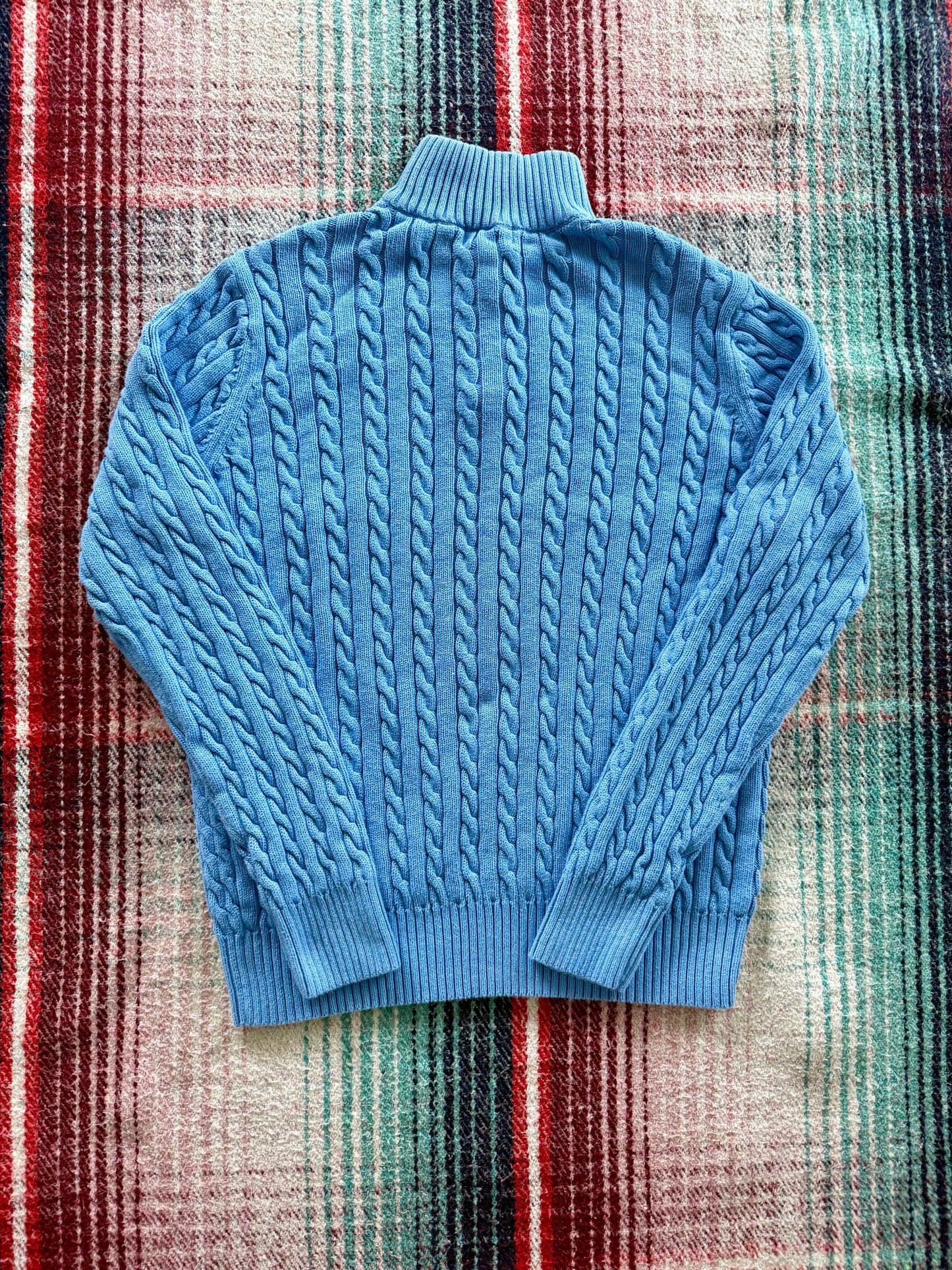 90s Polo Jeans Company Light Blue Cable Knit Quarter Zip Sweater L