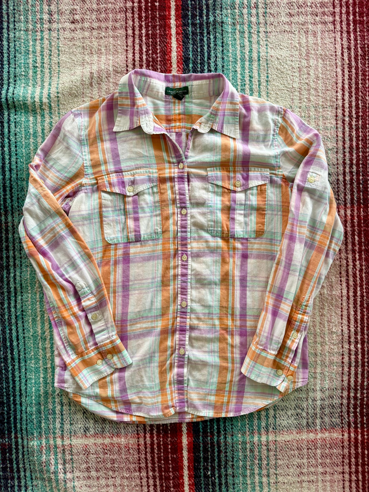 00s Lauren Jeans Co. Ralph Lauren Pink/Orange Plaid Madras Shirt L