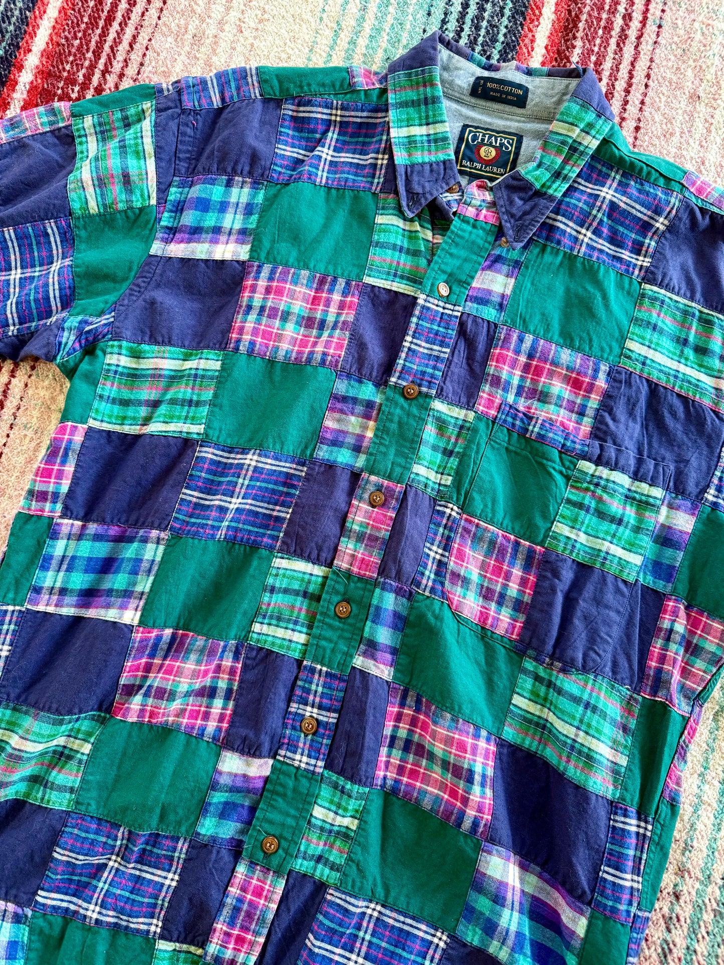90s Chaps Ralph Lauren Patchwork Madras Short Sleeve Shirt L