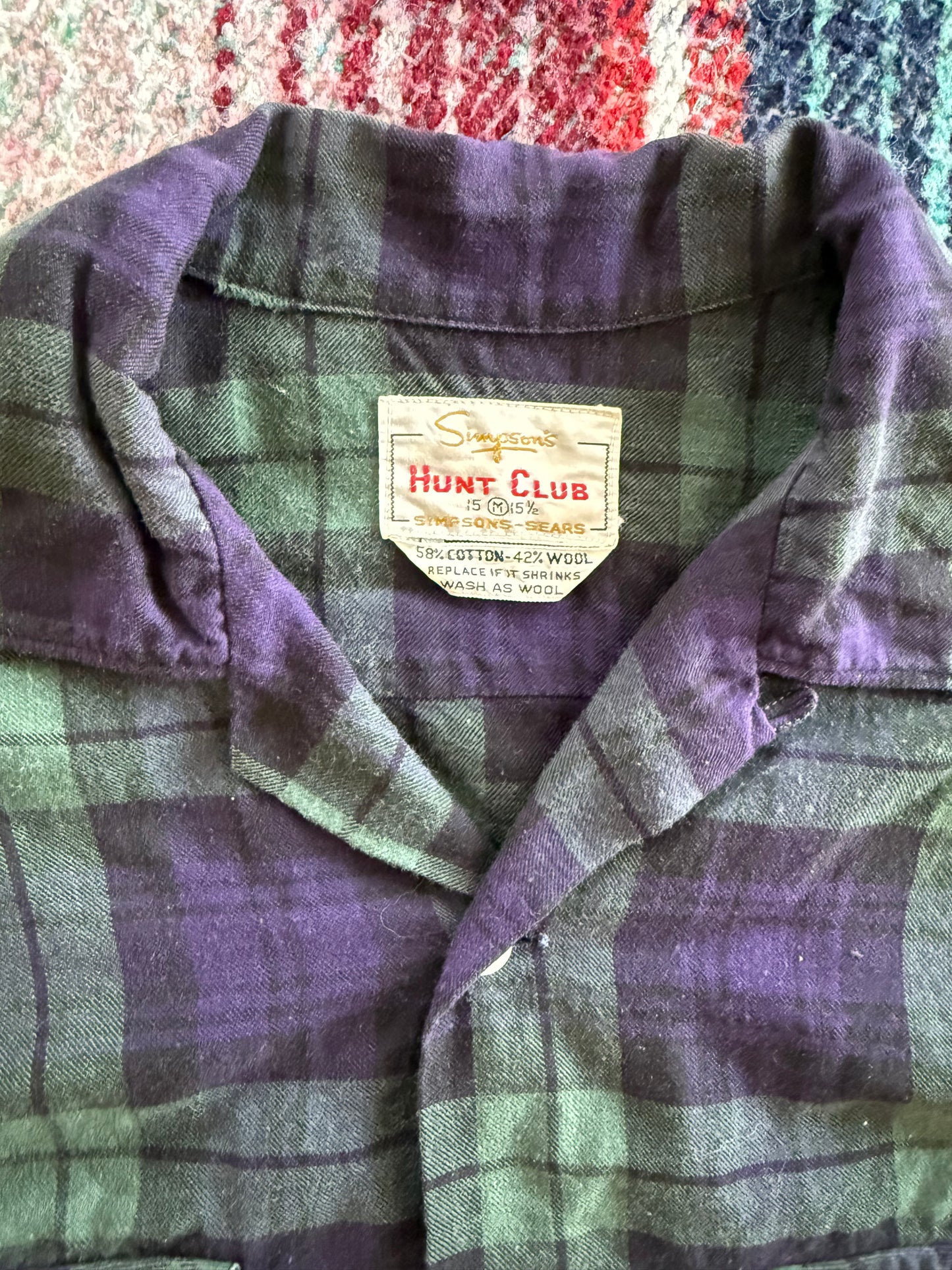 50s Sears Hunt Club Indigo/Green Loop Collar Wool Workshirt M