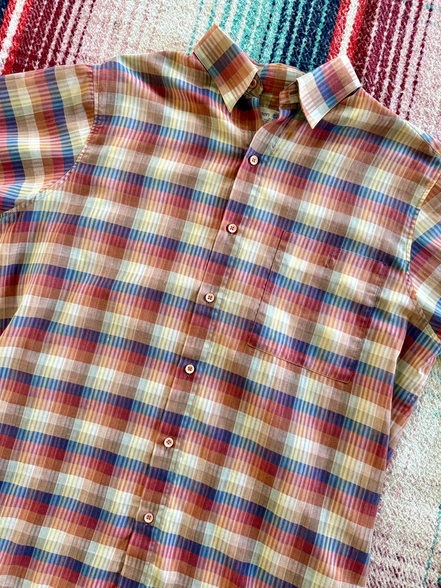 80s Van Heusen Sunset Plaid Short Sleeve Shirt M