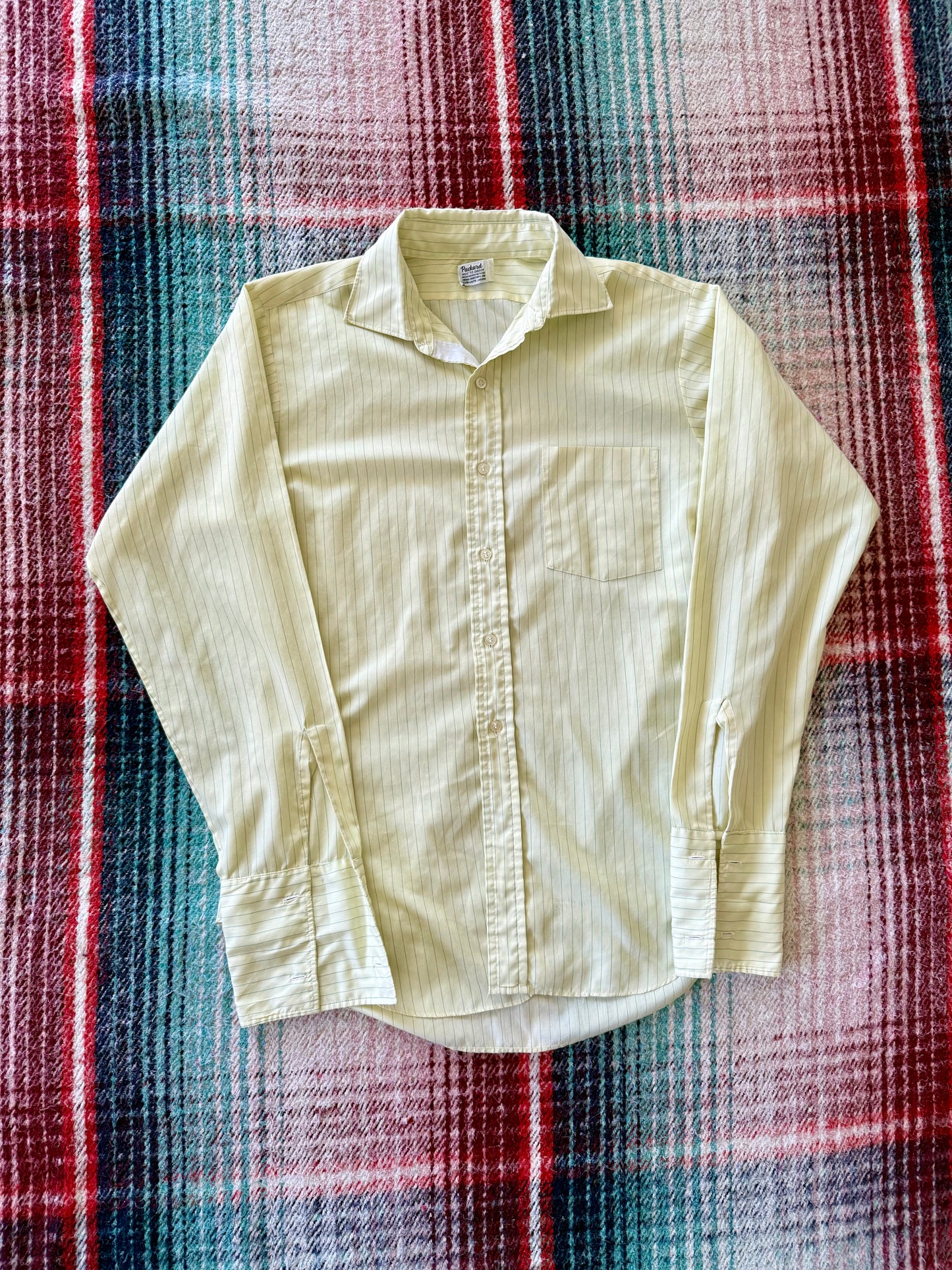 50s Yellow/Green Stripe French Cuff Dress Shirt L