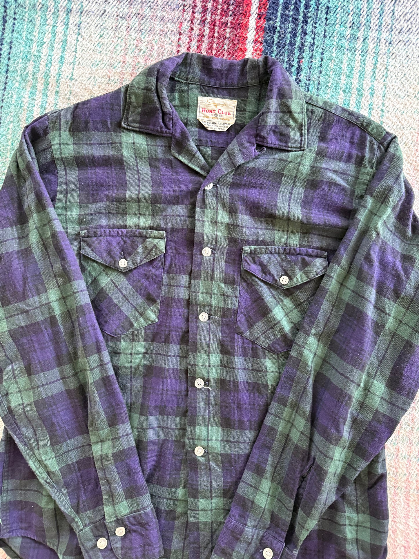 50s Sears Hunt Club Indigo/Green Loop Collar Wool Workshirt M