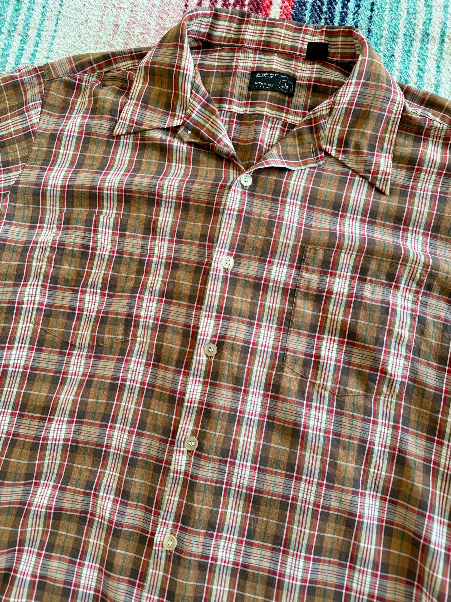 70s Sears Brown/Red Plaid Short Sleeve Shirt L