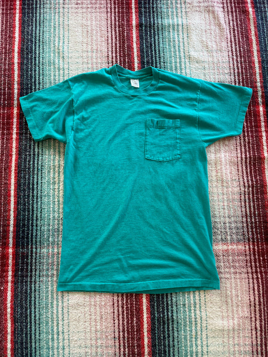 90s Fruit of the Loom Teal Selvedge Pocket Tee L