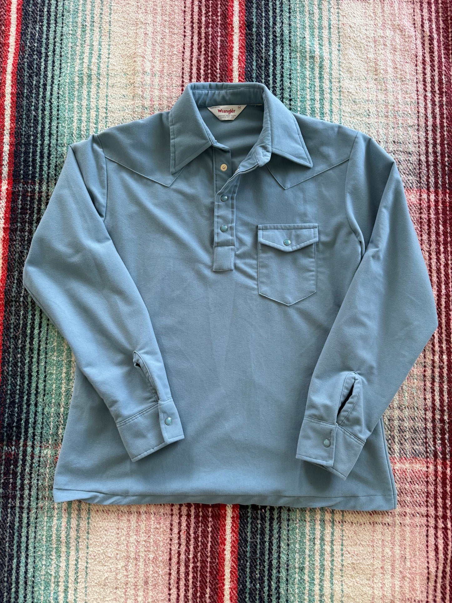 70s Wrangler Blue Pearl Snap Popover Shirt M