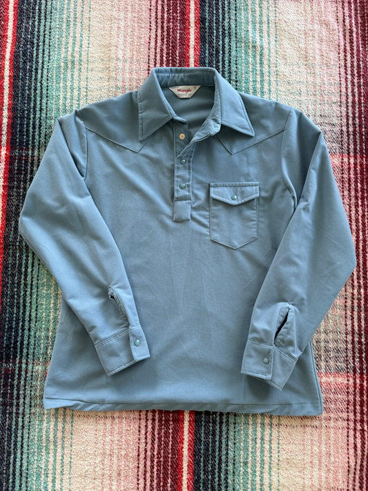 70s Wrangler Blue Pearl Snap Popover Shirt M