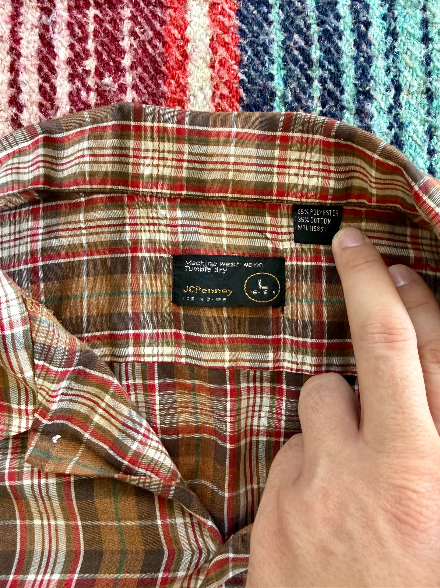 70s Sears Brown/Red Plaid Short Sleeve Shirt L