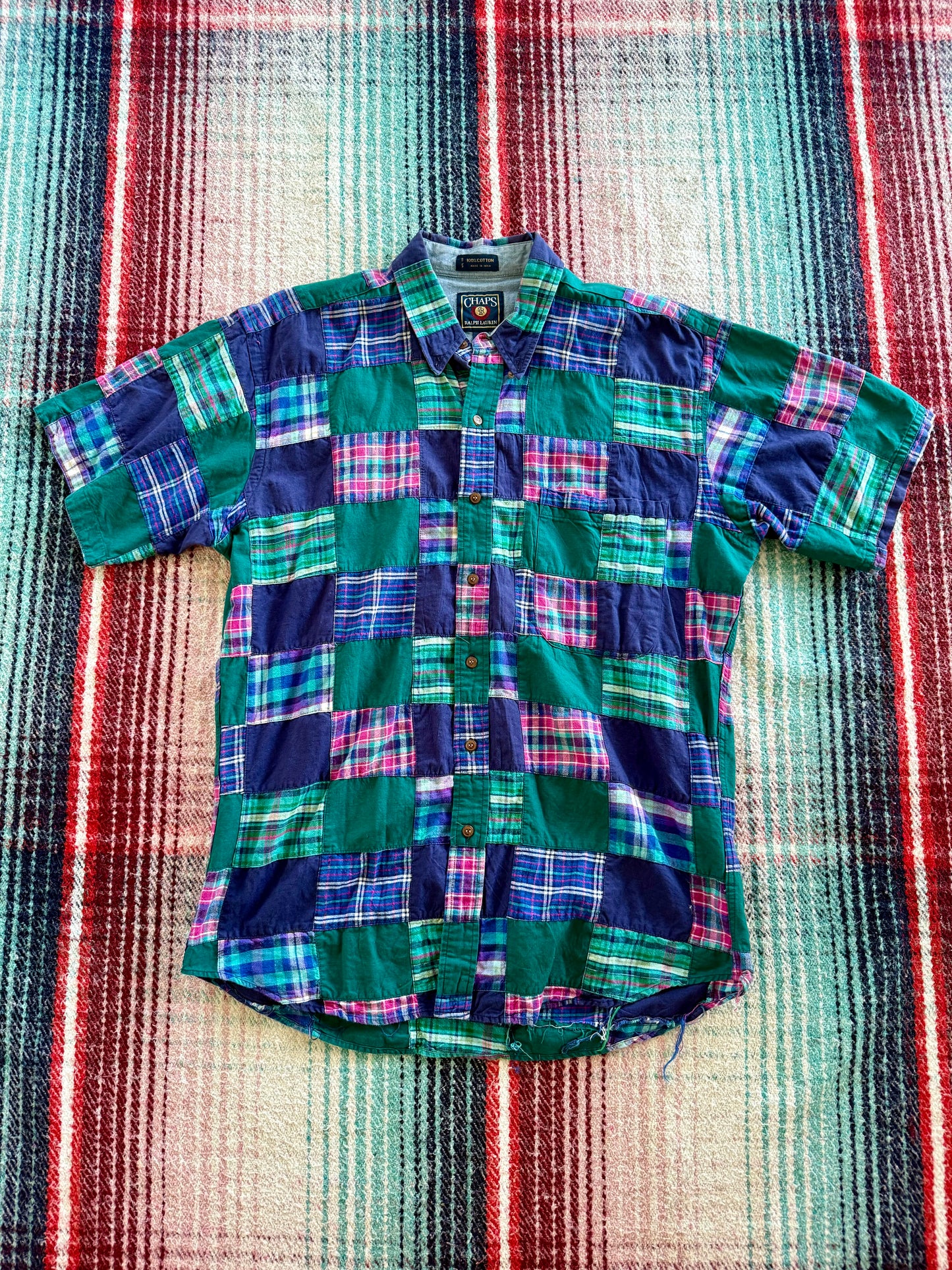 90s Chaps Ralph Lauren Patchwork Madras Short Sleeve Shirt L