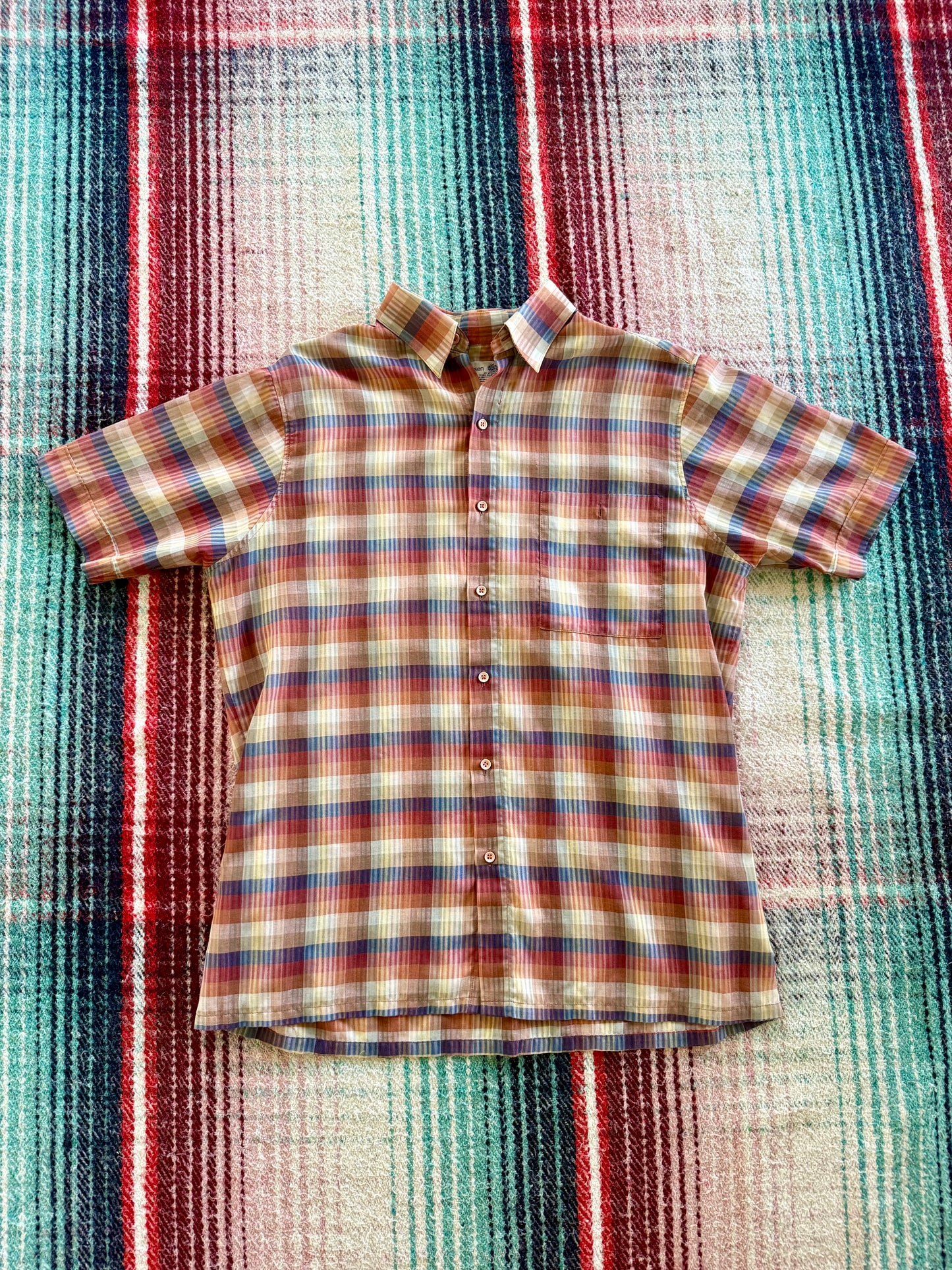 80s Van Heusen Sunset Plaid Short Sleeve Shirt M