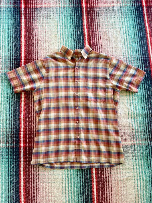 80s Van Heusen Sunset Plaid Short Sleeve Shirt M