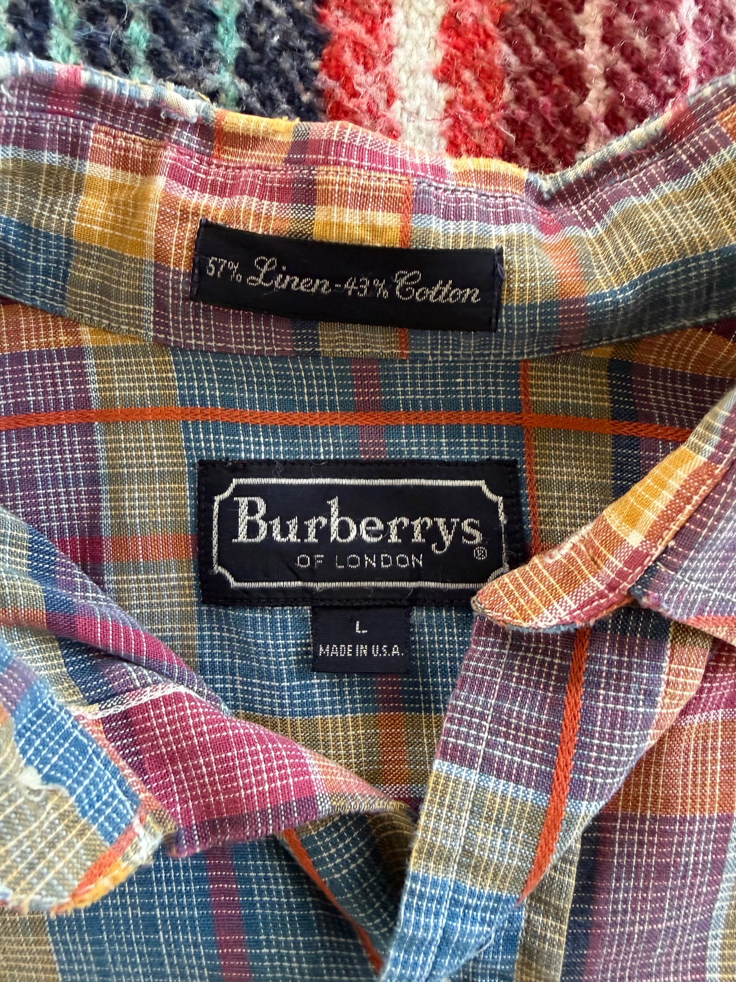 80s Burberry Cotton/Linen Blue/Yellow/Pink Plaid Shirt L