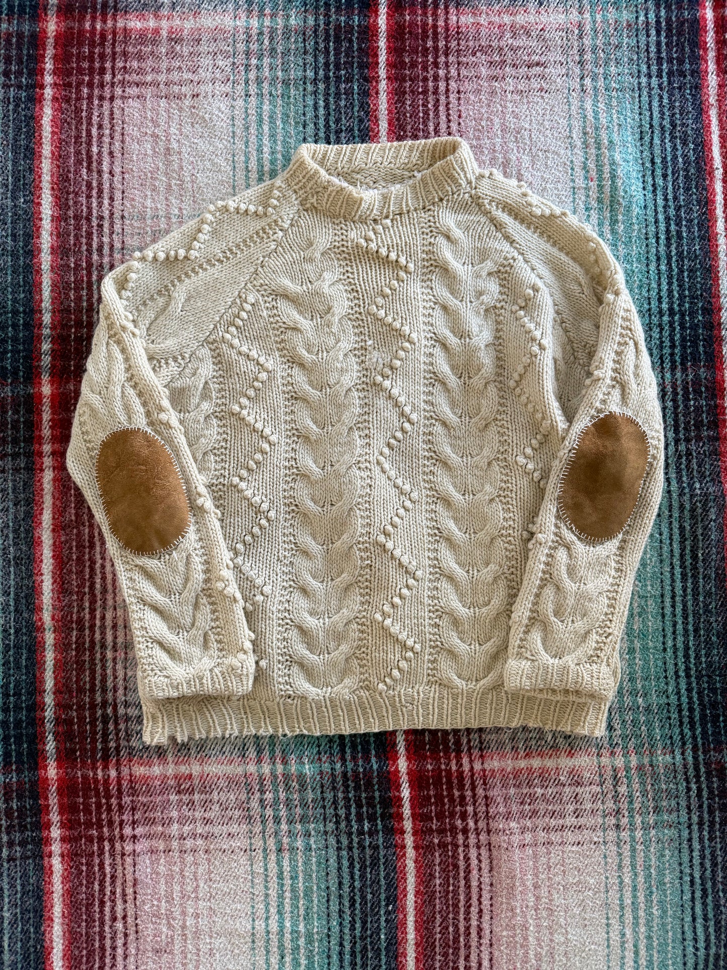 70s Hand Knit Cable Suede Elbow Patch Fisherman Sweater