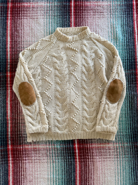 70s Hand Knit Cable Suede Elbow Patch Fisherman Sweater