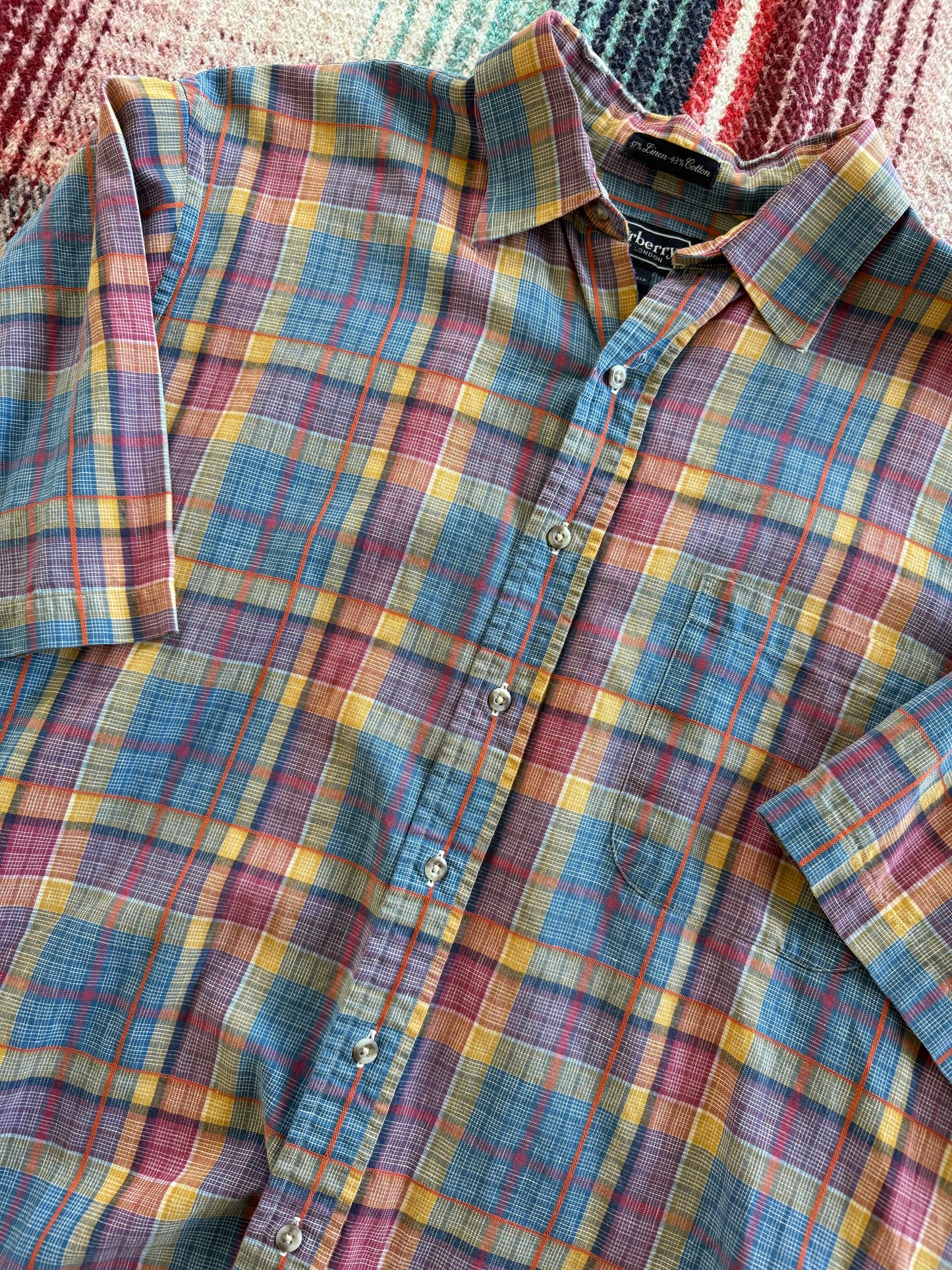 80s Burberry Cotton/Linen Blue/Yellow/Pink Plaid Shirt L