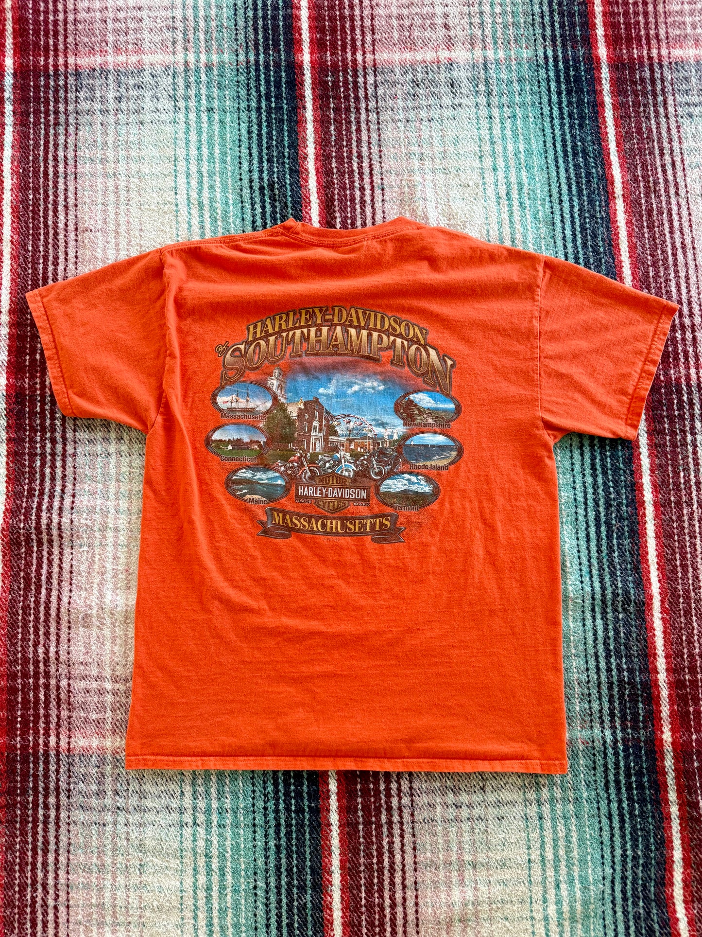 00s Harley Davidson Southhampton Orange Pocket Tee L