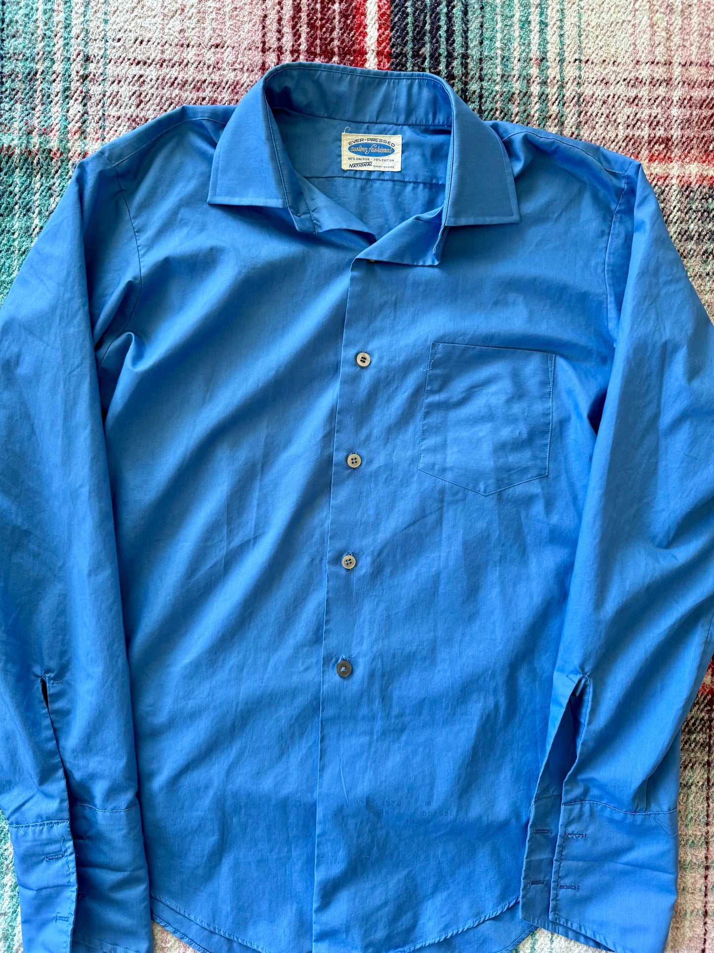 60s Blue French Cuff Dress Shirt M
