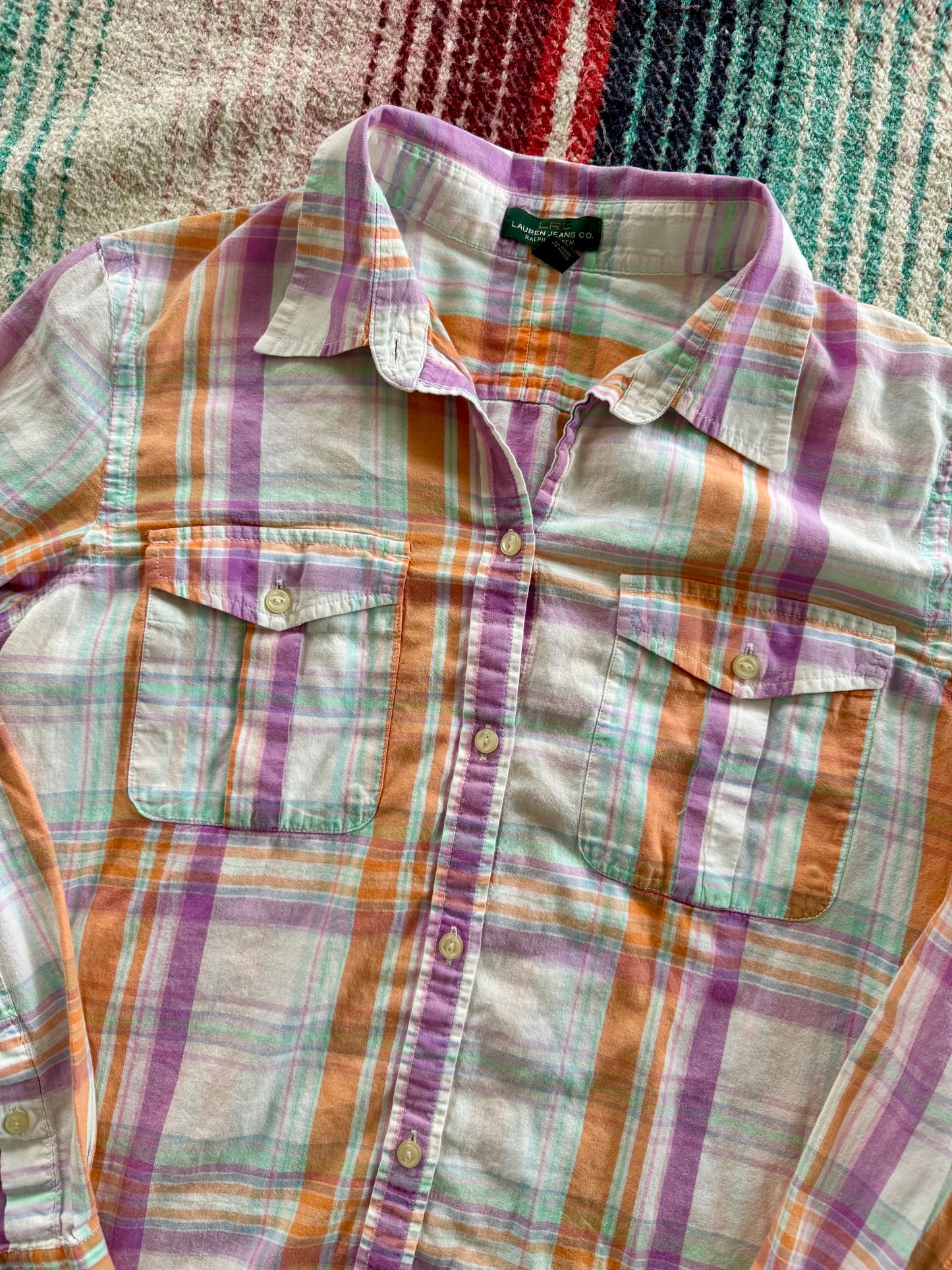 00s Lauren Jeans Co. Ralph Lauren Pink/Orange Plaid Madras Shirt L