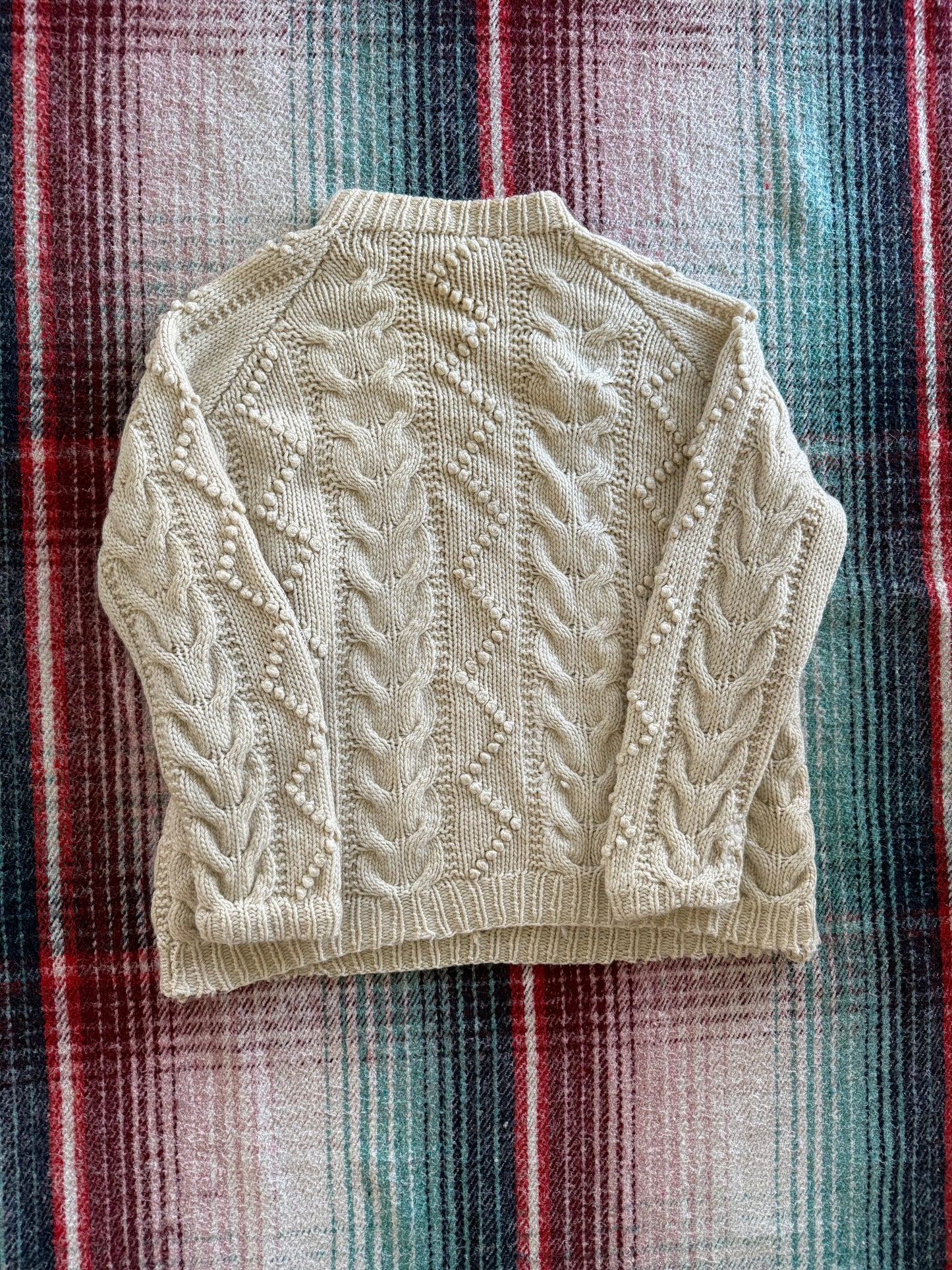 70s Hand Knit Cable Suede Elbow Patch Fisherman Sweater