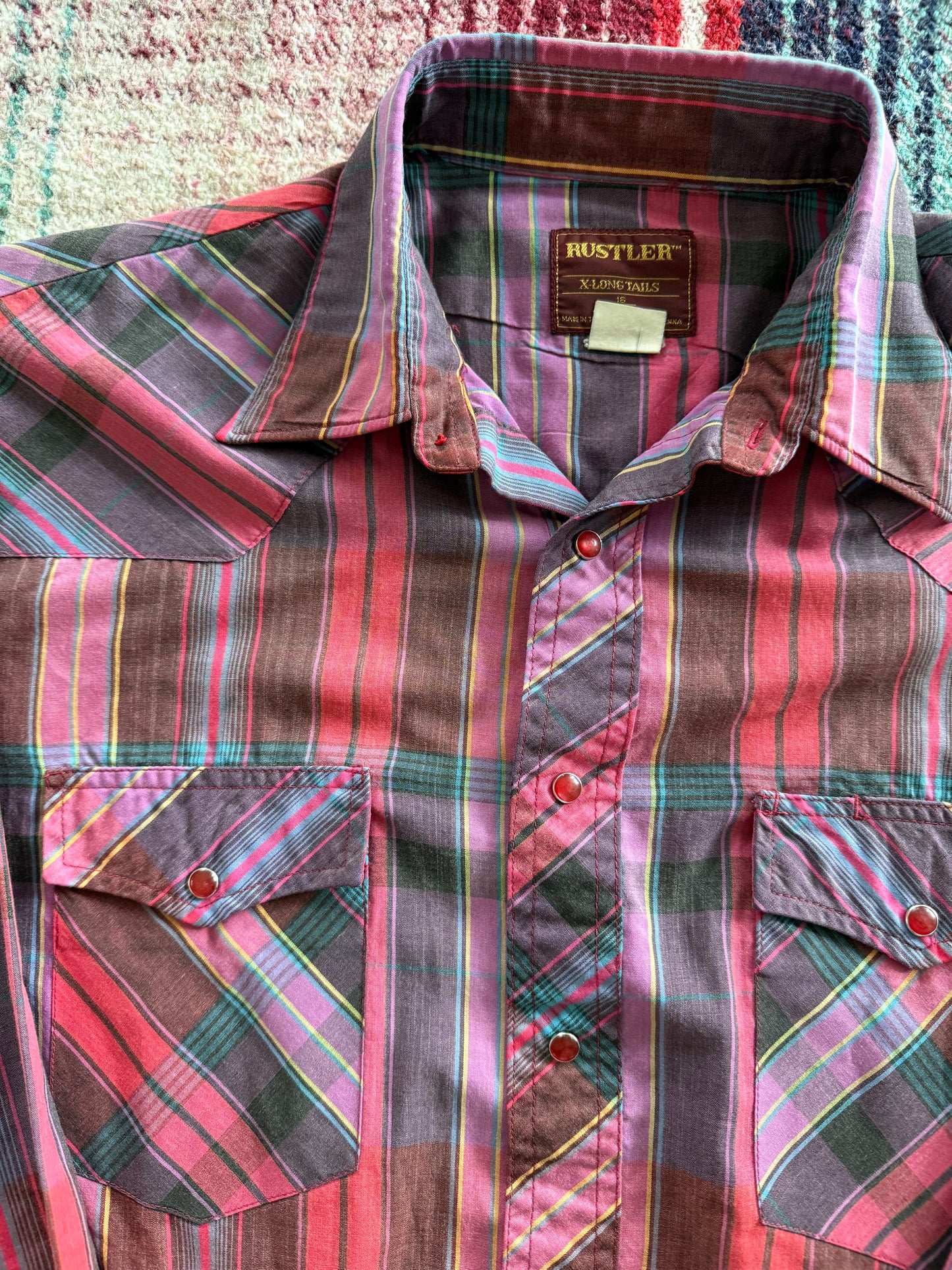 60s Rustler Magenta Plaid Pearl Snap Western Shirt Medium