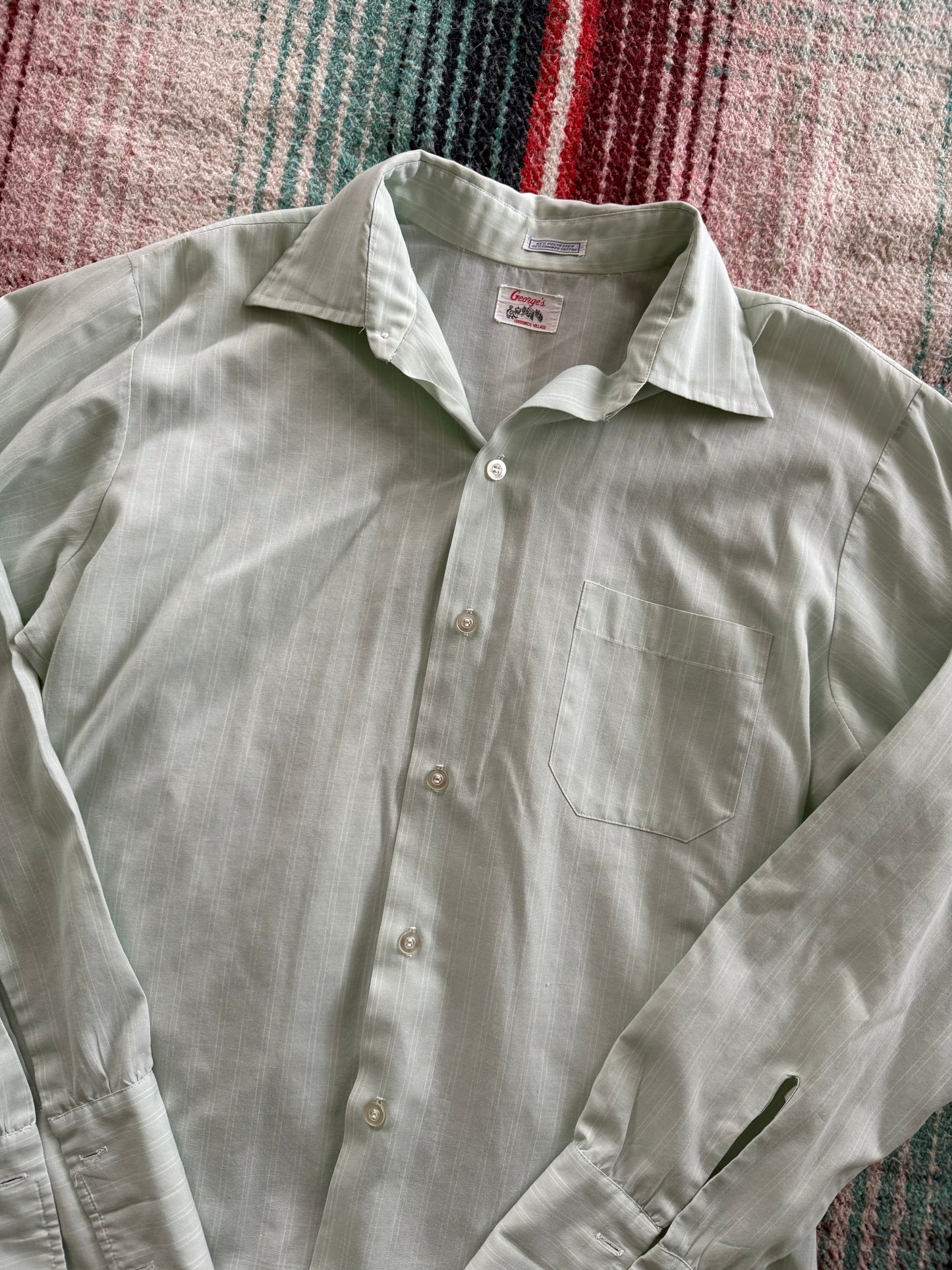 60s Mint Green Stripe French Cuff Dress Shirt L