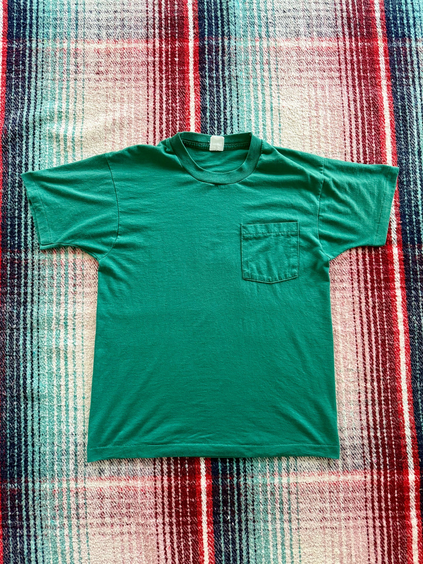 70s Single Stitch Green Selvedge Pocket Tee M