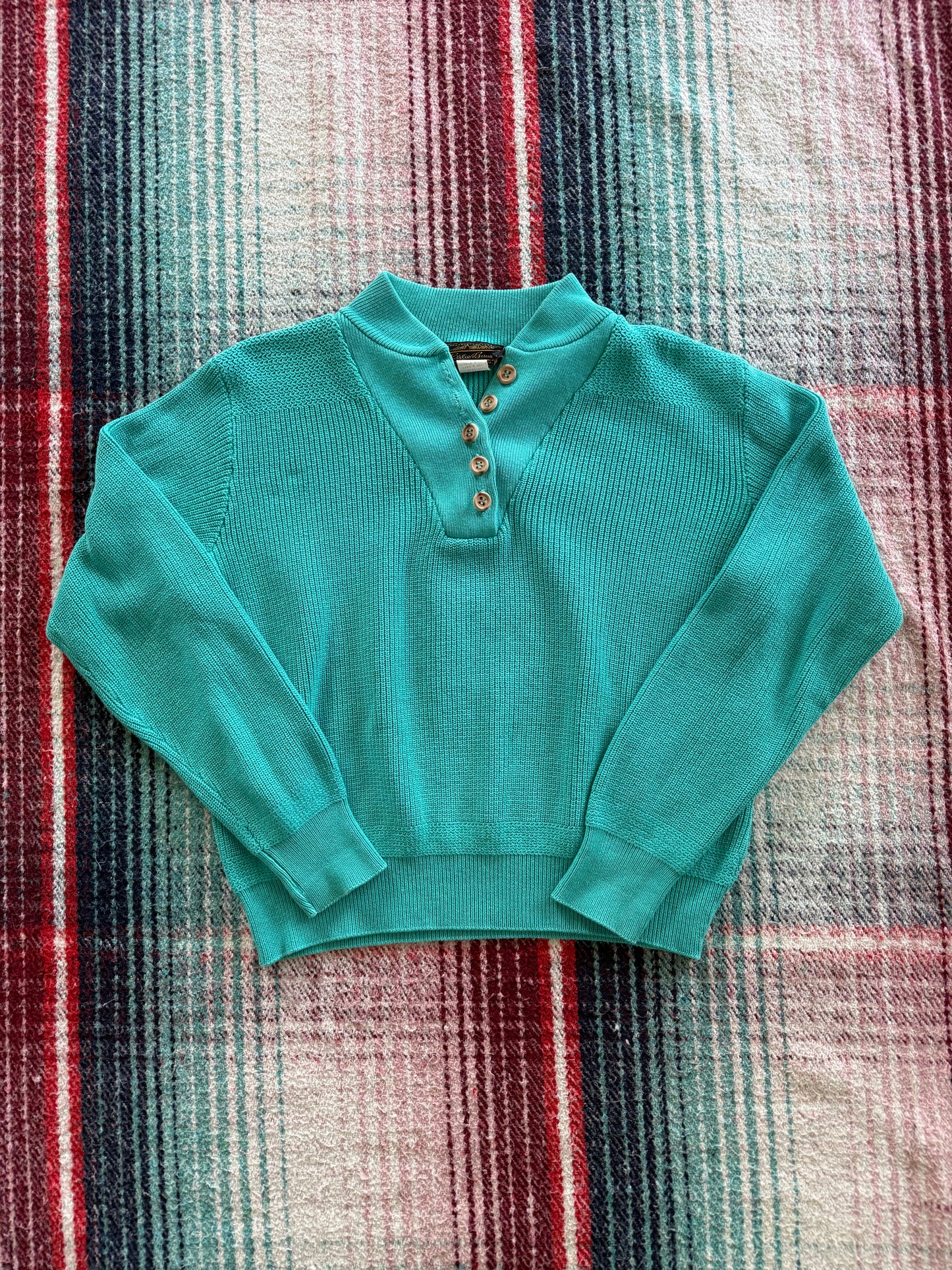 80s Eddie Bauer Teal Henley Sweater L