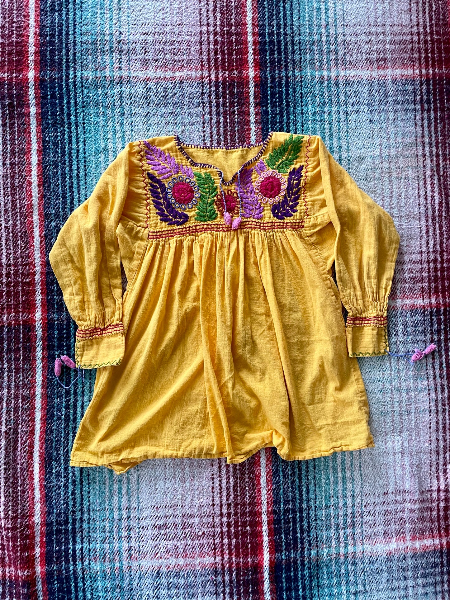 70s Embroidered Yellow Floral Tunic M