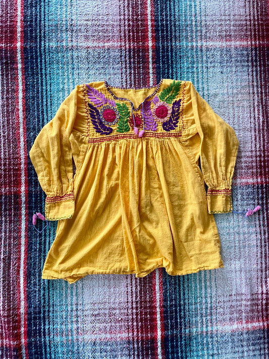 70s Embroidered Yellow Floral Tunic M