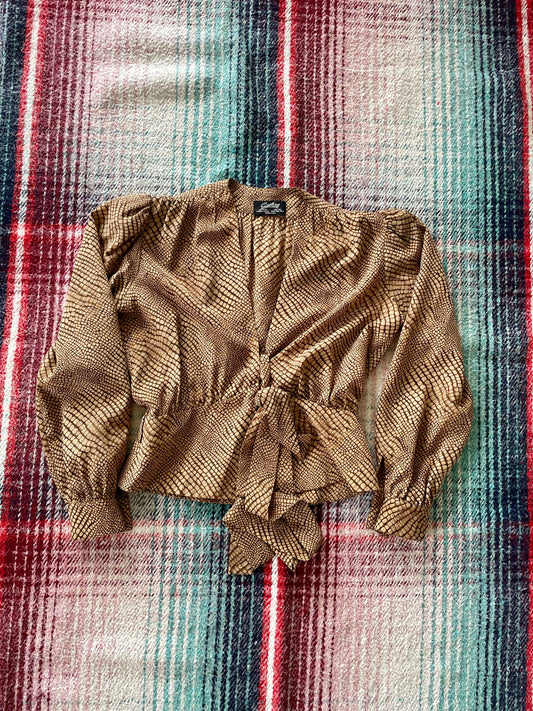 70s Castioni Silk Gold Snake Print Cropped Blouse M
