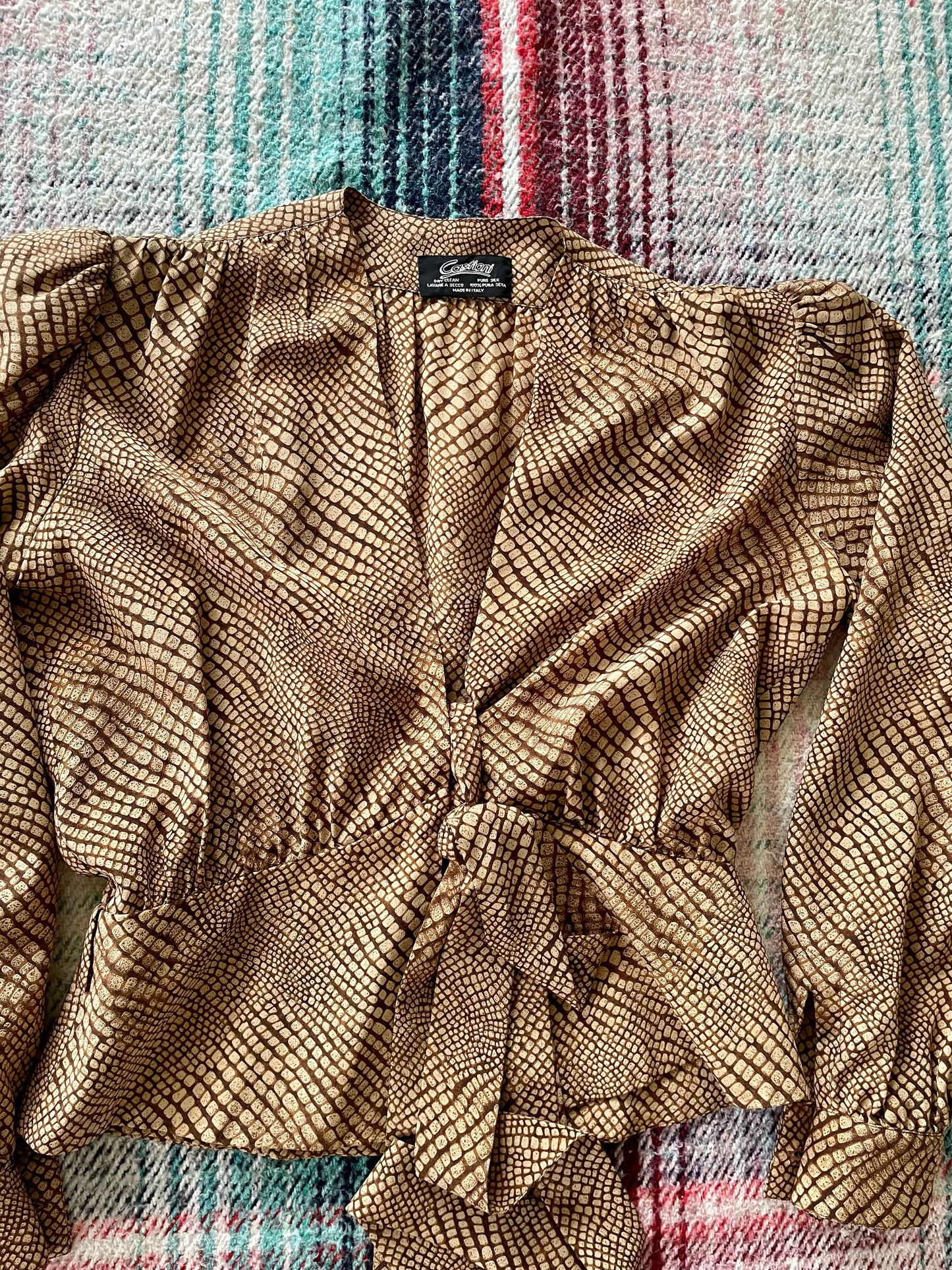 70s Castioni Silk Gold Snake Print Cropped Blouse M