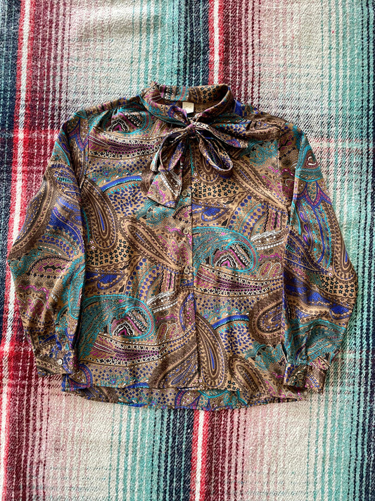 70s Psychedelic Satin Bow Collar Blouse L