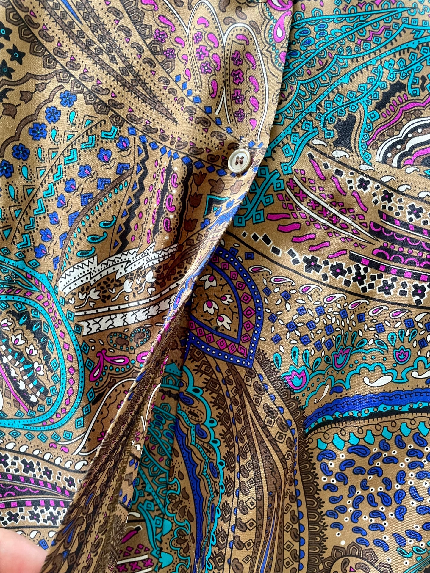 70s Psychedelic Satin Bow Collar Blouse L